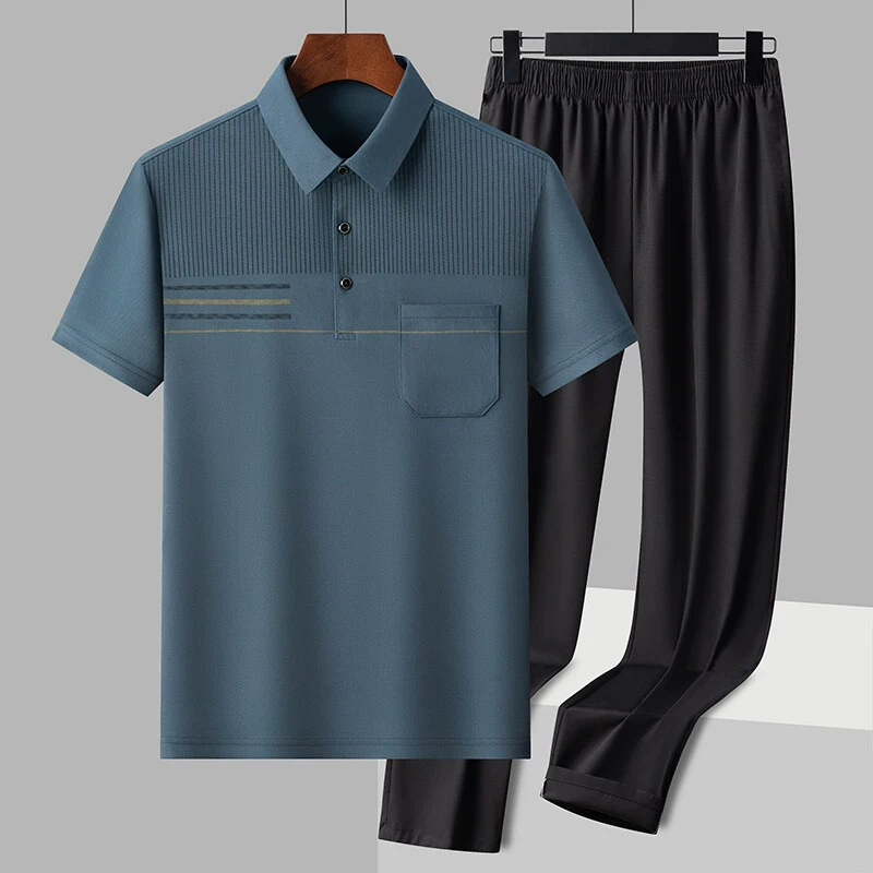 Средний и пожилой папа в ледяной шелковой рубашке POLOO карри зеленый светло-синий синий пятно обычный хлопок