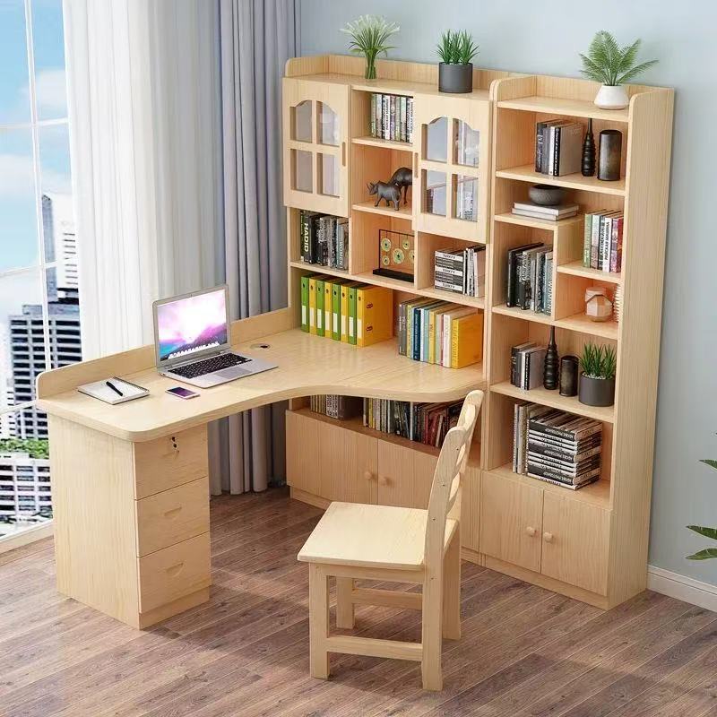 Solid Wood Desk Bookshelf Integrated Bookcase Combination Corner Computer Desk Writing Desk Study Table Children's Corner Desk