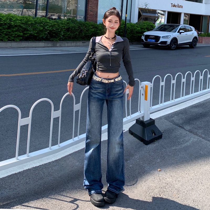 Hot Girl Retro Stretchy Narrow Low-Waist Straight-Leg Jeans for Women, New Slim-Fit Floor-Length Pants for Spring 2026