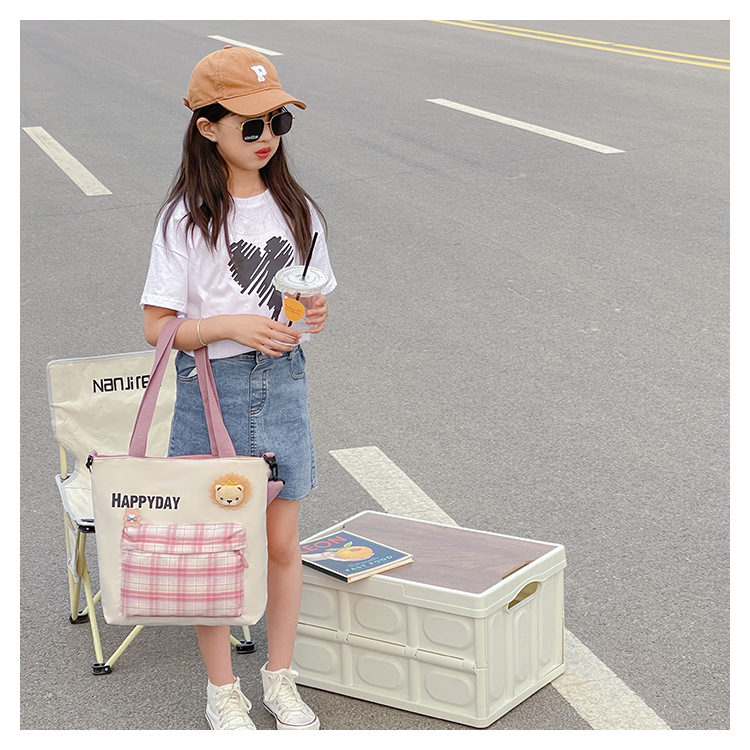 Kid's Medium Spring&summer Canvas Plaid Cute Square Zipper Tote Bag display picture 3