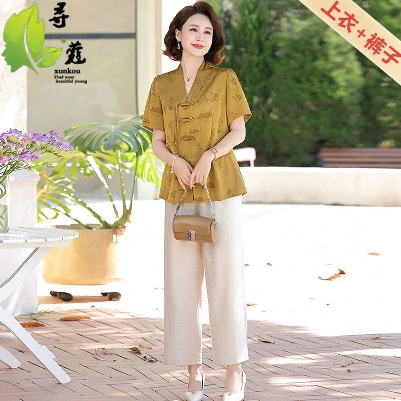 Темпераментный короткий костюм мама летняя одежда женская мода среднего возраста летняя одежда среднего и пожилого возраста летняя одежда с короткими рукавами