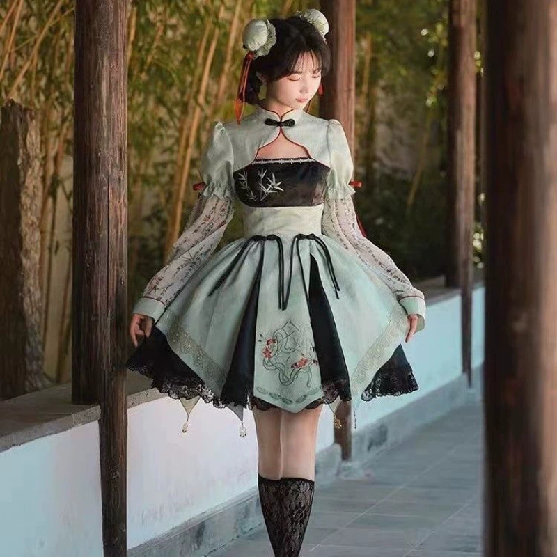 Новый китайский стиль Lolita китайский стиль платье с коротким рукавом