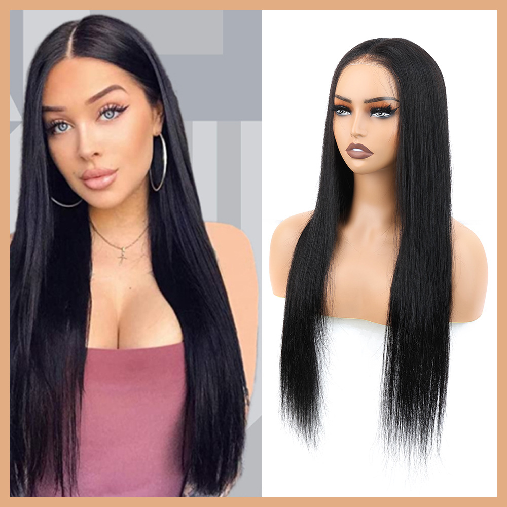 Xuchang peluca venta caliente transfronteriza sin pegamento 5*7 simulación de cabello largo y liso, casco de encaje para el cuero cabelludo, cabello real, cabello completo
