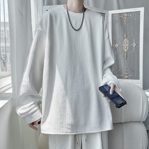 Spring and Summer Minimalist Salt-and-Sea Style Men's Unisex Breathable Solid Color Oversized Instagram Casual Long-Sleeve T-Shirt Top