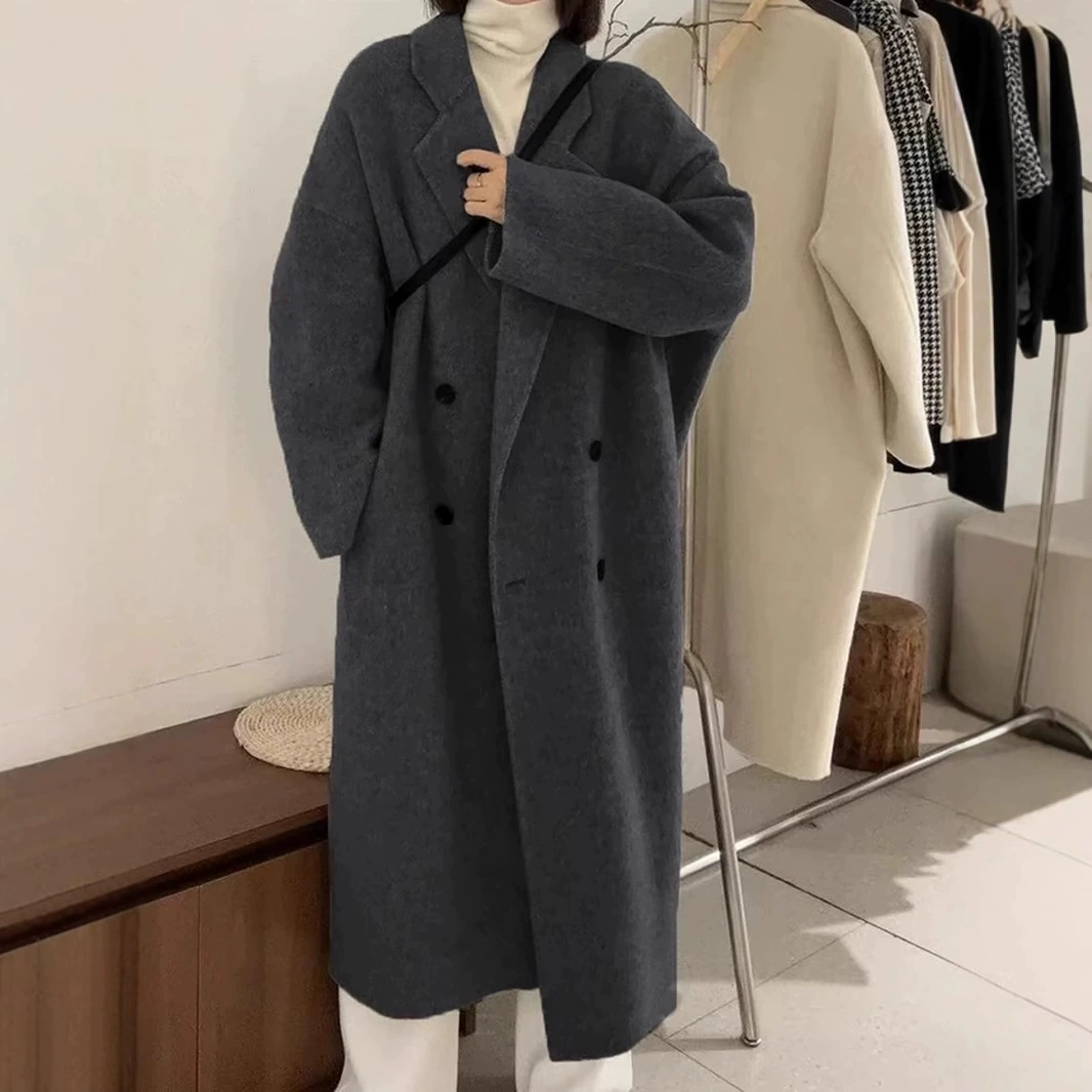 Премиум чувство черный серый шерстяной пальто женский 2024 зимний новый толстый свободный пуховый матовой шерстяной шатер