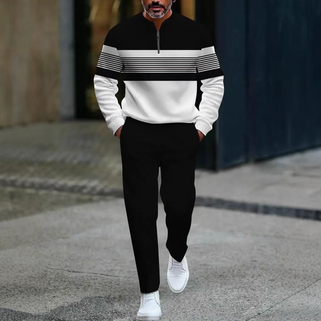 New 2025 European and American Amazon Half-Opening Zipper Pullover Casual Fashion Men's Long-Sleeved Pants Suit