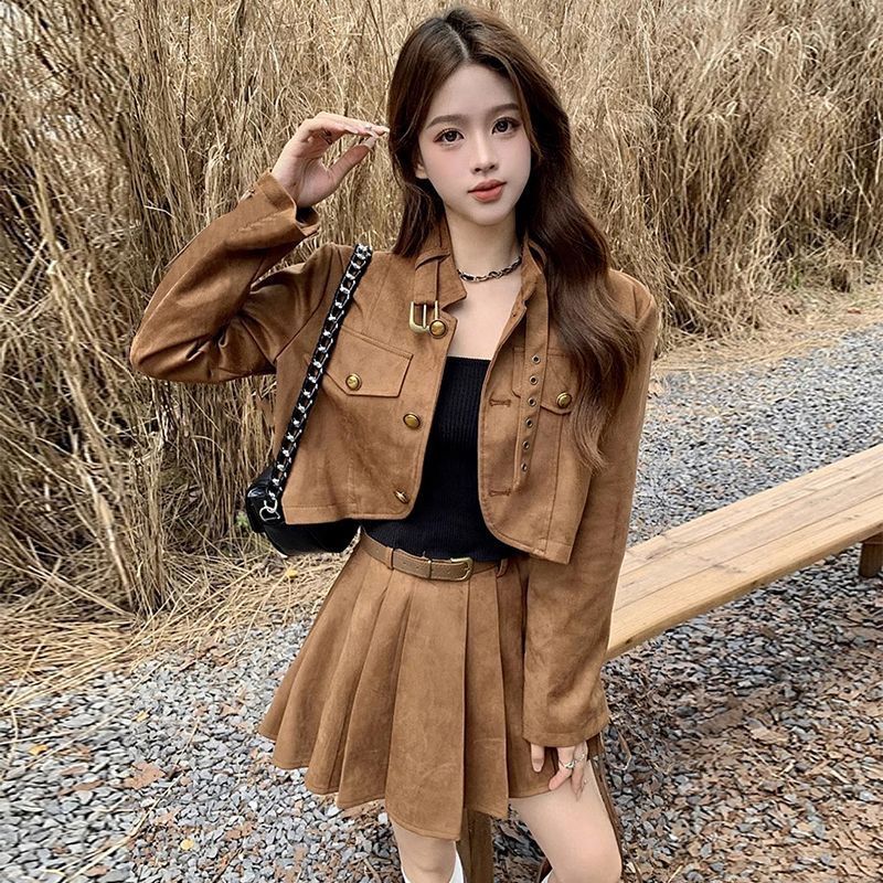 美式复古美拉德棕色夹克开衫短款外套百褶半身裙秋冬美拉德套装|undefined