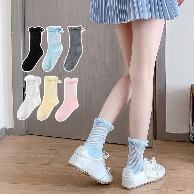 Miu serie calcetines mujer primavera y verano nuevo producto tacón lazo pila de calcetines capullo máquina todo en uno deshuesado tubo central Lolita