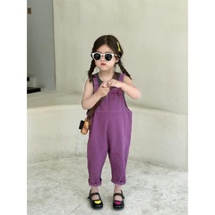 春夏女童紫色背帶褲水洗棉9分褲連體連身衣洋氣百搭寶寶兩件套潮