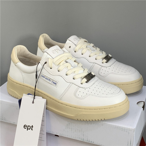 EPT Korean blogger's same style cowhide trendy shoes, sports and casual sneakers, retro round toe lace-up niche white shoes for women