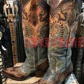 独立站外贸新款2019冬季欧美尖头铆钉刺绣民族风中跟女鞋大码靴子