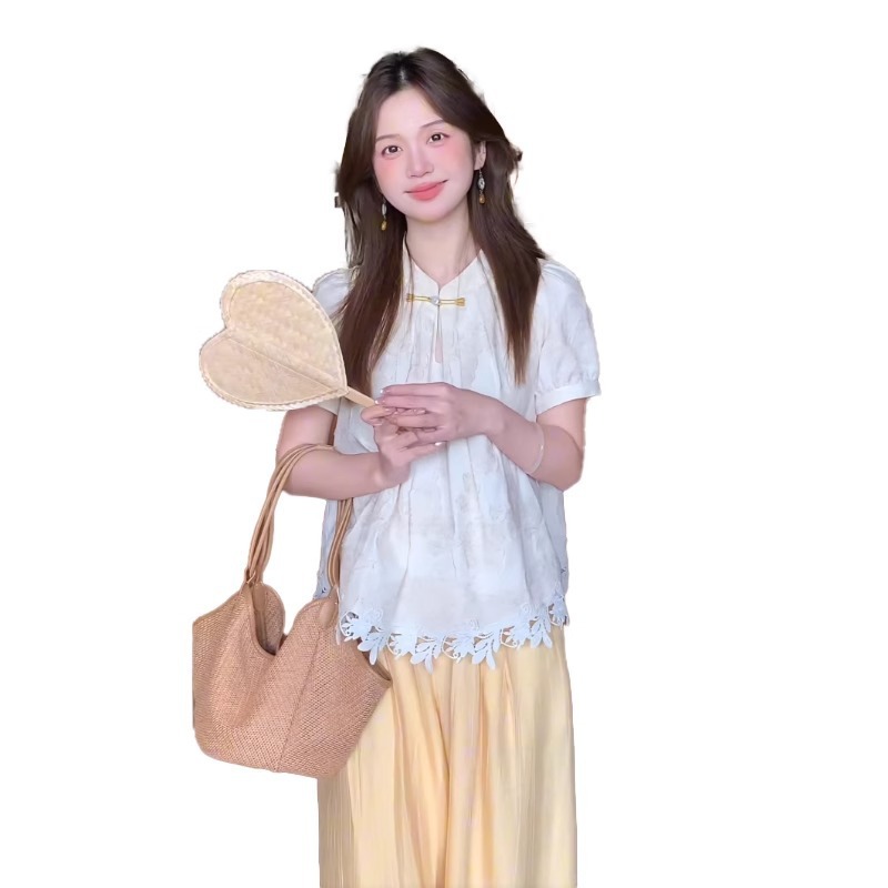 夏季套装女2025新款洋气新中式气质短袖衬衫显瘦休闲阔腿裤两件套|undefined