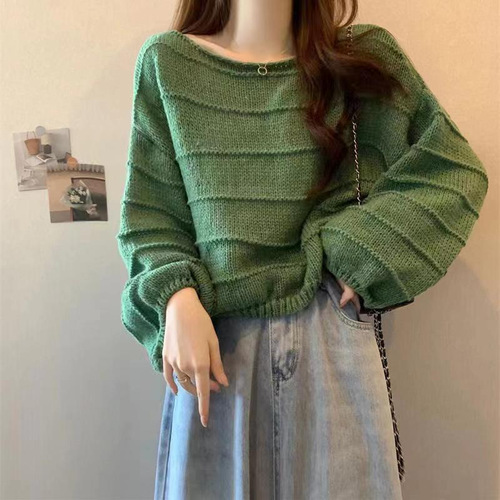 Dopamine bright early autumn lazy style women's short sleeve sweater outerwear knitted top high-waist base shirt