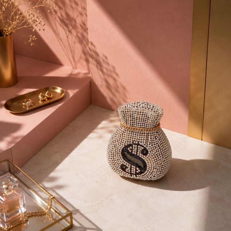 Evening bag, a handbag designed in the shape of a money bag, fully embellished with rhinestones, perfect for European and American parties, cocktail events, and evening galas