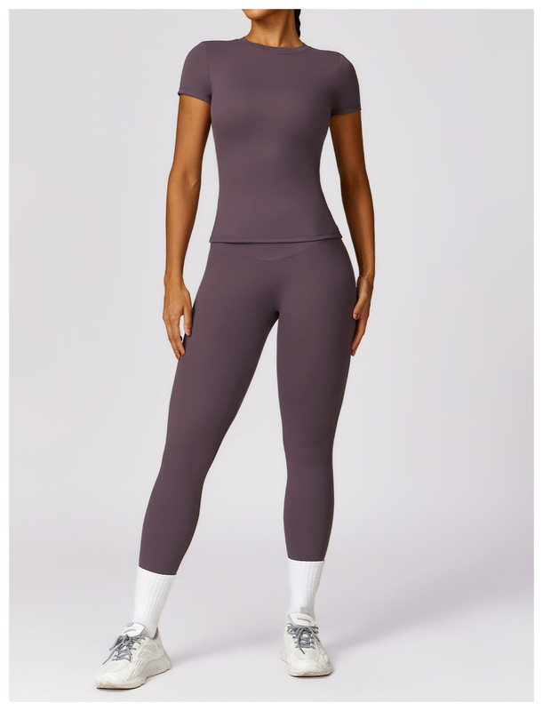 起毛ヨガ服セットハイウエストタイトヨガフィットネス服ランニングスポーツ女性の半袖ズボンセット 8455|undefined
