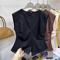 フレンチシャツトップス女性の夏の新しい大きいサイズファットmmウエストプリーツシャツコットンリネンリネンシフォンシャツノースリーブ