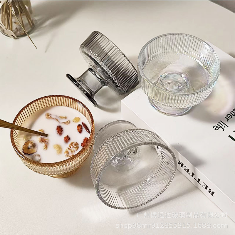 Vertical Pattern Ash Dessert Bowl High Color Value Household Girl's Summer Pudding Milkshake Ice Cream High Foot Glass Bowl Vertical Pattern Ash Dessert Bowl High Color Value Household Girl's Summer Pudding Milkshake Ice Cream High Foot Glass Bowl
