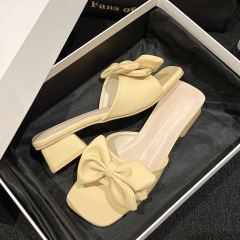 大碼涼鞋2024年女時尚潮流中跟粗跟半拖蝴蝶結一字拖外穿方頭拖鞋