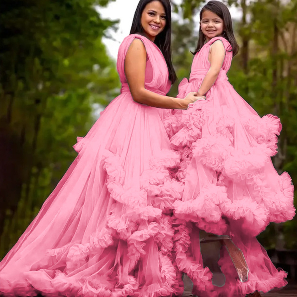 Elegante abito da ballo a trapezio per bambine con volant in tulle, stile sofisticato e strascico, abito casual in poliestere. 【Pre-ordine | Spedizione in 15 giorni】_voghion.com