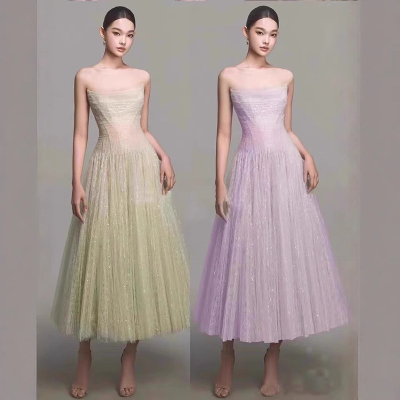 2026 Spring/Summer Sequined Lace Mesh Fishbone Strapless Dress Gown