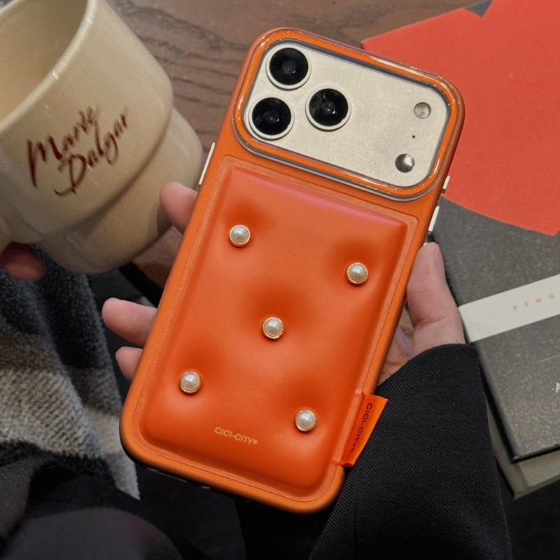 Ốp lưng iPhone da IMD vân kim loại – chống sốc, chống trầy, full viền dày — Hồng đào yêu, Cam tinh vũ, Nâu mocha, Xanh lam thiên tĩnh chi tiết 5