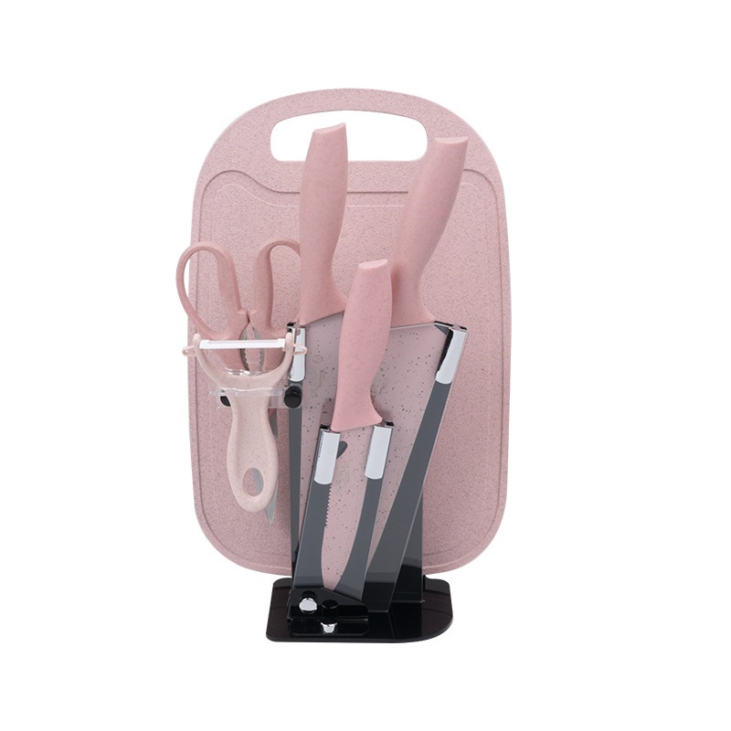 Fabricante de paja de trigo de color con cuchillo base 6 piezas de cuchillo de acero inoxidable cuchillo de cocina doméstico conjunto de regalo