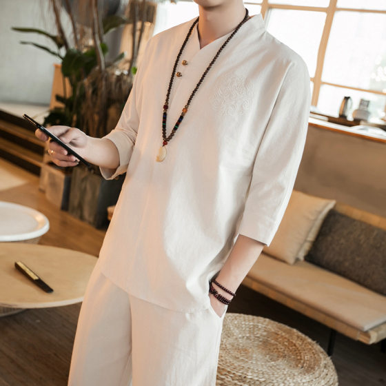 2021 Summer New Arrival Chinese Style Buckle Round Neck Cotton Linen Embroidery Tang Coat Casual Fashionable Trendy Large Size Suit for Men
