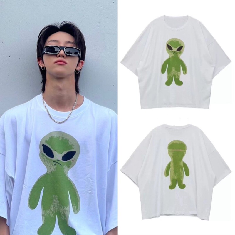 (Qiqi) Sunglasses Alien Print Bat Shirt Super Loose T-Shirt for Men and Women Xu Minghao Same Style Trendy Couple
