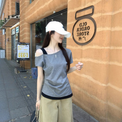 灰色设计感小众别致斜肩短袖T恤女夏季美式辣妹修身显瘦露肩上衣