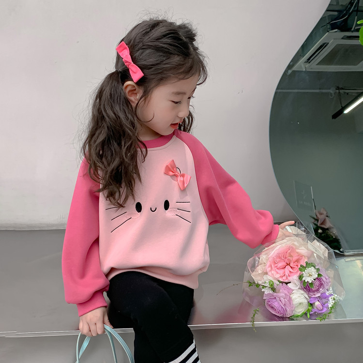 Cute Candy-Colored Girls' Cat Print Ribbed Crewneck Loose Sweatshirt, New Spring and Autumn Children's Cartoon Raglan Sleeve Base Layer Cute Candy-Colored Girls' Cat Print Ribbed Crewneck Loose Sweatshirt, New Spring and Autumn Children's Cartoon Raglan Sleeve Base Layer