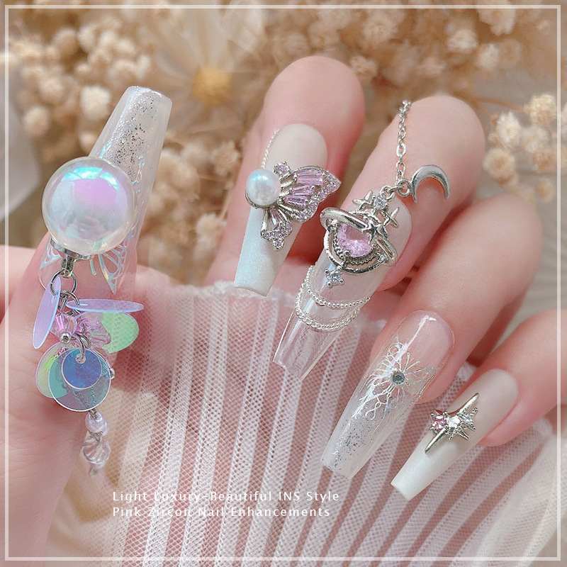 Nuevo LZ nail metal real circón joyería de lujo completo diamante corazón plata arco cadena de metal taladro de uñas