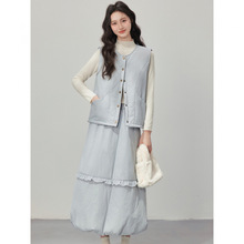 淑女风气质女装套装夹棉马甲打底针织衫花苞半身裙中长款三件套