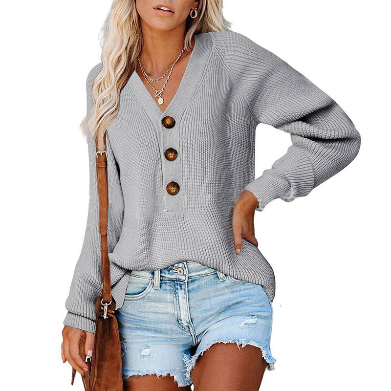 Carefully selected button women's pullover autumn and winter new style loose temperament V-neck knitted sweater_voghion.com