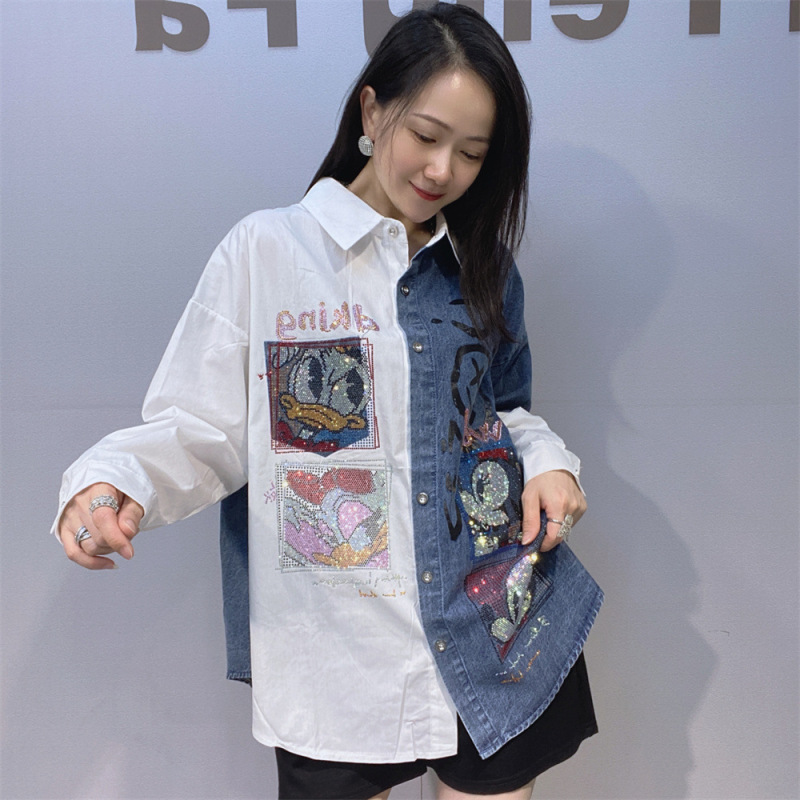 Direct from the manufacturer, new denim patchwork collared shirt for women, fashionable heavy-duty rhinestone top, color-blocking European and American street style Direct from the manufacturer, new denim patchwork collared shirt for women, fashionable heavy-duty rhinestone top, color-blocking European and American street style