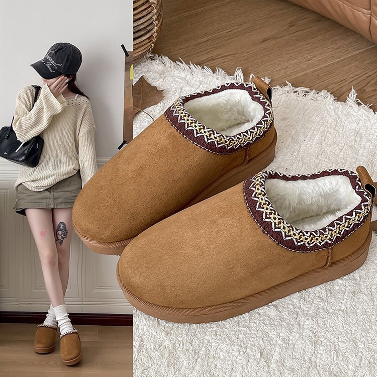 Ethnic Style Snow Boots for Women, Thick-Soled Woven Slippers, Cowhide Wool, Warm Foam Sole, Short-Tube, Non-Slip, Increased Size