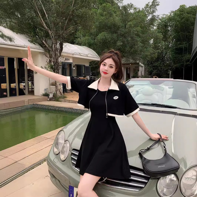 大きいサイズの黒いストラップのワンピースの女性の夏服のファッションの2つのセットの小さい太ったmmは腹を遮って痩せているベストのスカートのスーツを現します。|undefined