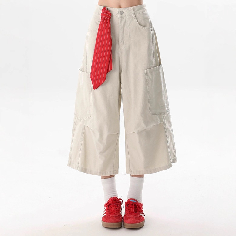 Vintage Square Scarf Tie Multi-Pocket Casual Cargo Shorts Women Summer New Wide-Leg Cropped Pants Trendy
