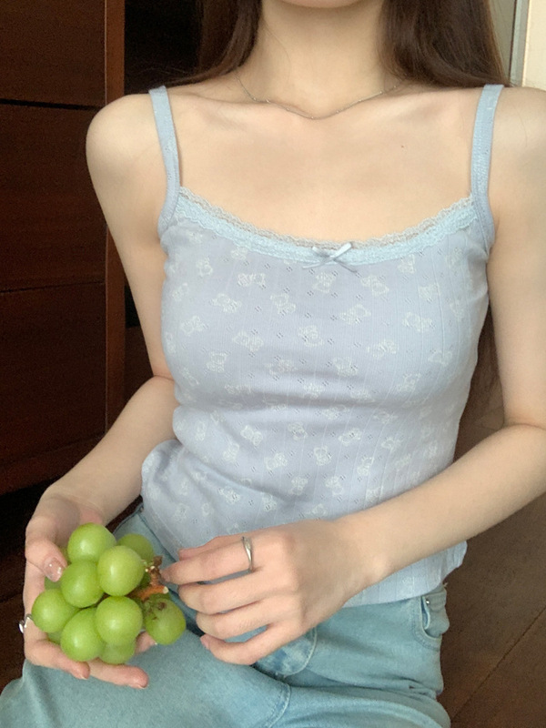 レース花柄スモールキャミソール胸パッド付き女性の夏の新しいセクシーな純粋な欲望スタイルショートインナートップ|undefined