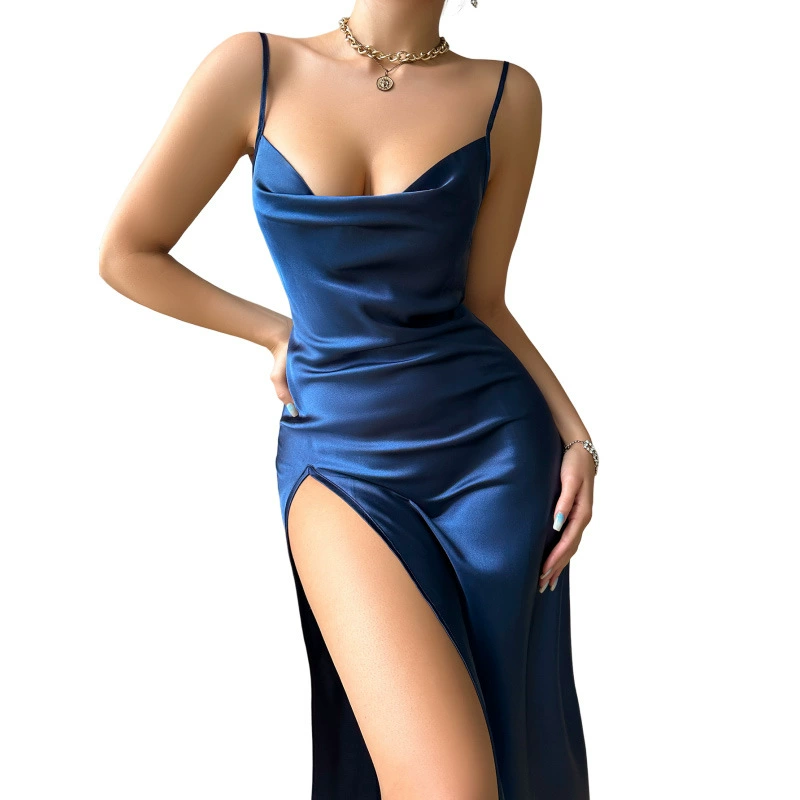 Women’s silk long nightdress, backless with strap bra and high side slit