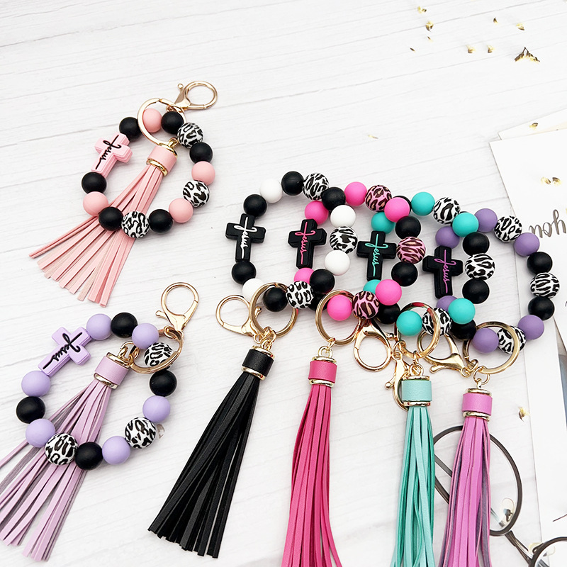 European and American Cross-Border Cross-Shaped Silicone Beaded Tassel Charm Bracelet Keychain for Bags and Car Keys to Prevent Loss