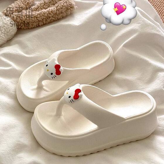 Cross-border cute KT cat flip-flops women's outdoor beach shoes 2024 new muffin thick-soled wedge slippers