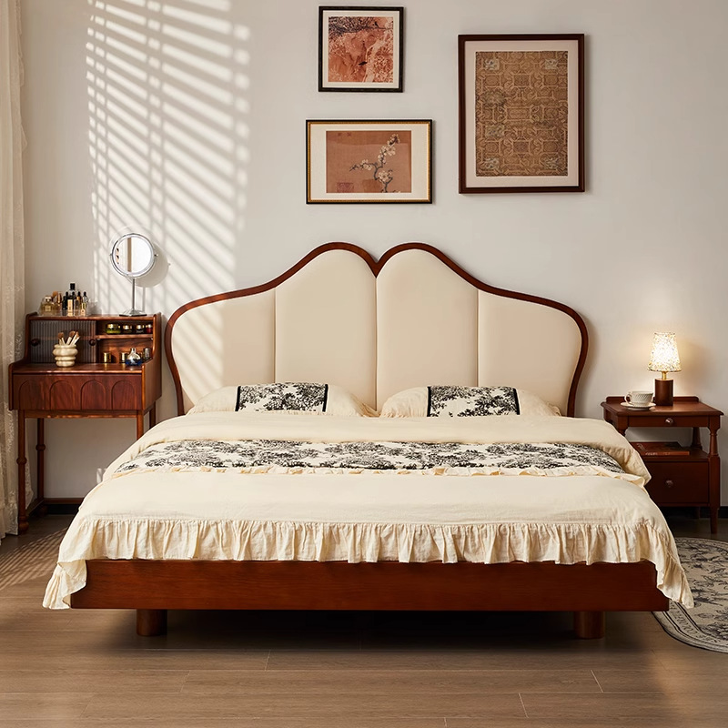 Danvance estilo francés medieval cama de mariposa flotante pequeña cama doble espacio de madera de cera blanca cama de madera maciza