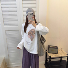 韩国东大门趣味纱裙小熊磨毛长袖T恤女冬季新款宽松可爱打底衫