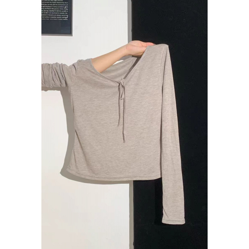 Factory Direct Sales Guangzhou Fabric Tencel Rib Sweet Lace-Up Sun Protection Blouse Long-Sleeved T-Shirt for Women with Design Sense