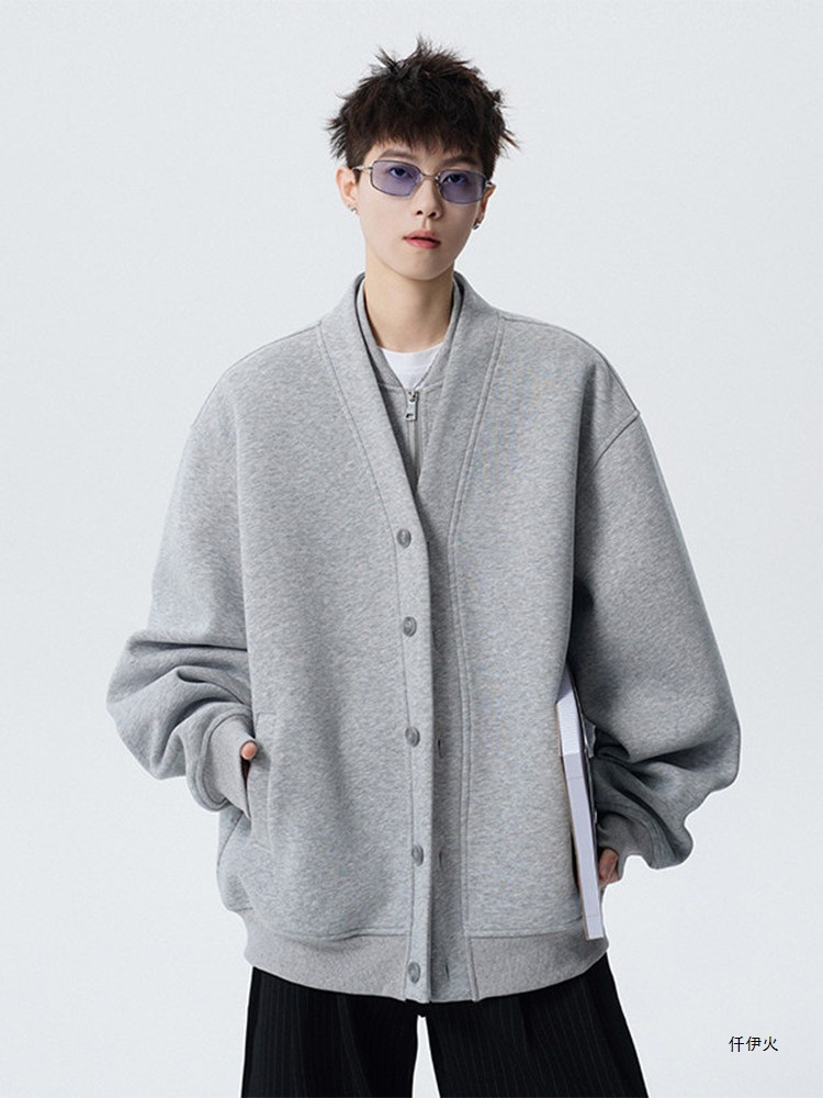 Casual American-style sweatshirt for men, autumn collection, simple stand-up collar, retro top, loose-fit cardigan with zipper, faux two-piece design, heavyweight fabric