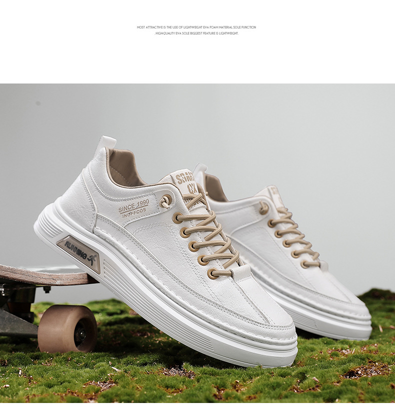 Vyriški bateliai „Board“, balti, skirti studentams, 2024 m. rudens nauji žemi plokščiapadžiai vyriški batai, odiniai sportiniai ir laisvalaikio madingi batai._voghion.com