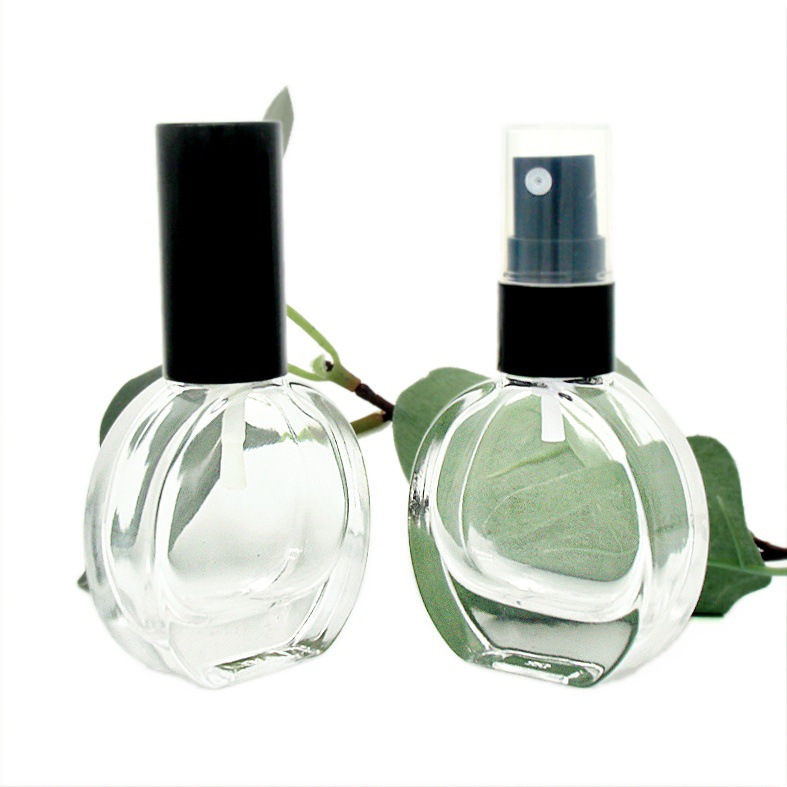 批发透明扁圆30ML厚底玻璃喷雾瓶可用乳液泵粉底泵胶头滴管分装瓶