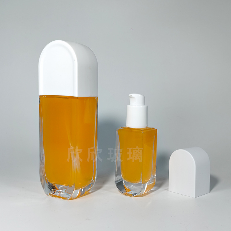 新スポット 120ml 厚底フラットアークキャップガラスボトルセットローションプッシュ式詰め替えボトル 50g クリームボトル|undefined