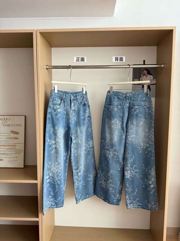 刺绣牛仔裤女夏季高腰宽松阔腿裤复古直筒长裤拖地裤子|undefined