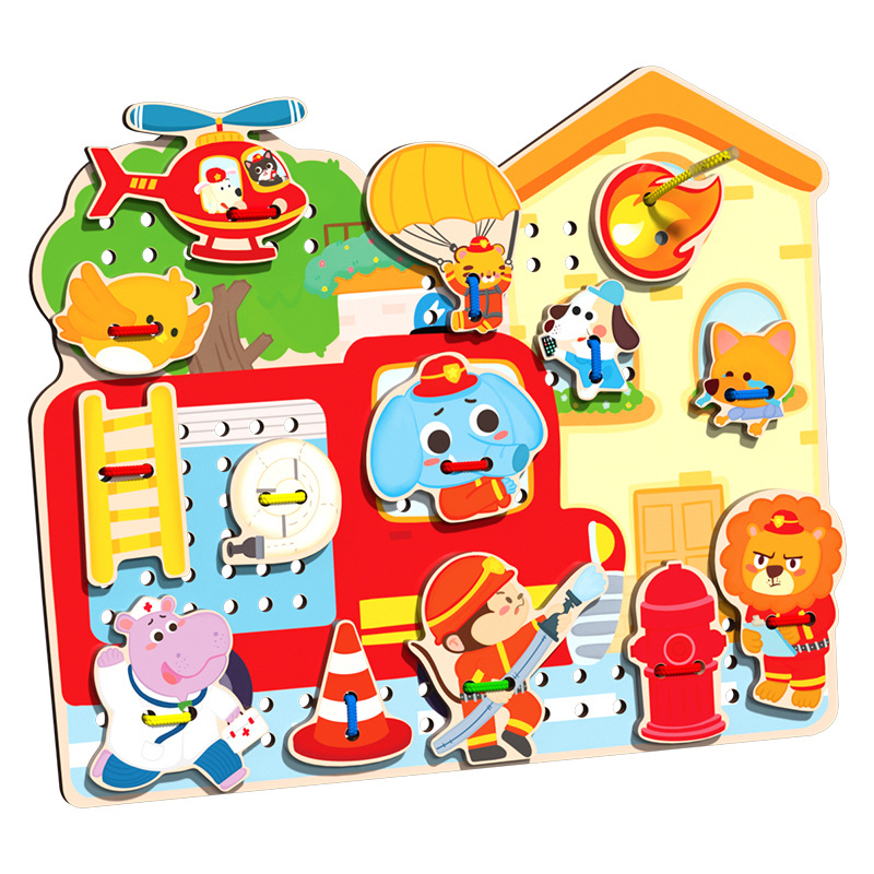 Niños cuerda de cuerda puzzle juguetes de habilidad práctica circo bebé escena profesional camión de bomberos cuerda de madera
